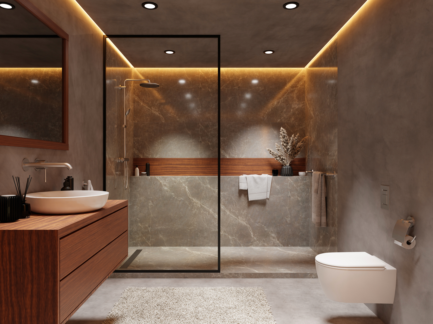 Deze badkamer straalt een en al warmte en sfeer uit door het gebruik van de zachte beige kleur en de warme houten materialen. De zwarte accenten maken het een badkamer die helemaal van nu is.